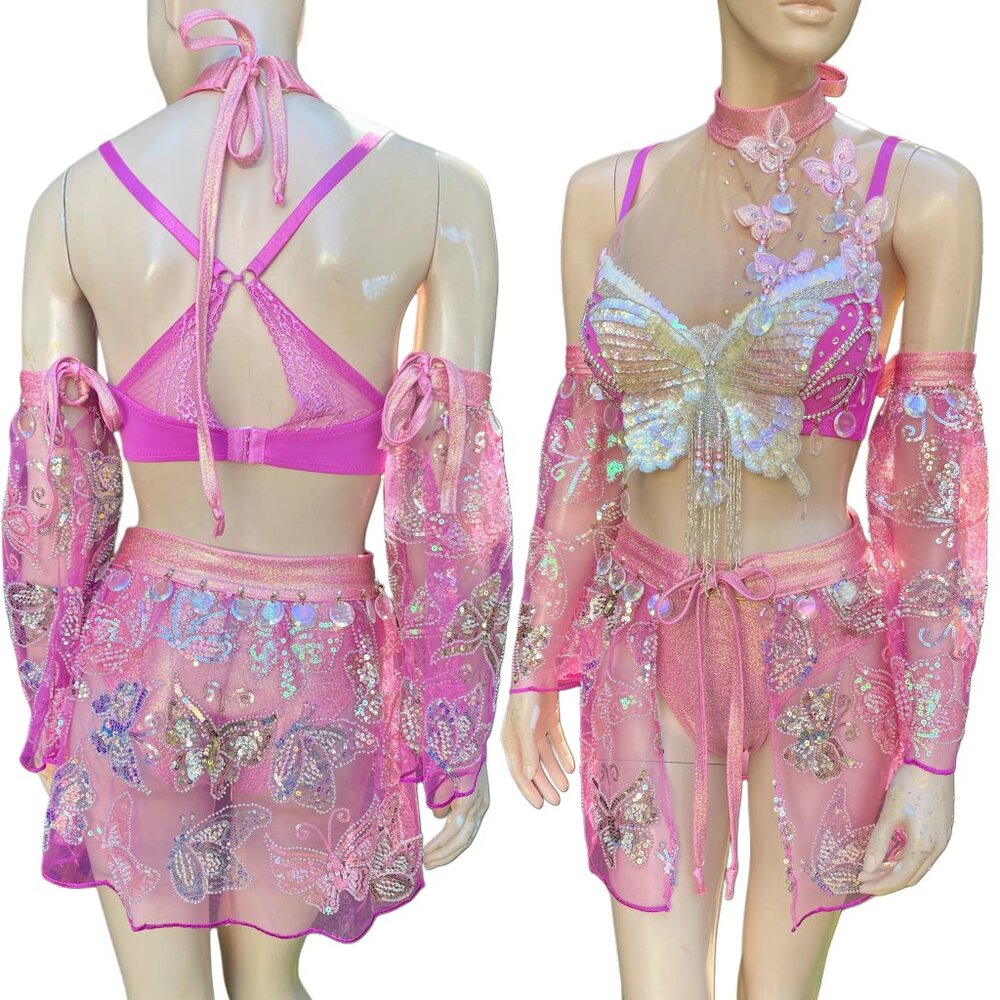 Pink Dancing Butterfly Goddess Fairy Festival Bra High Rise Bottom and Skirt